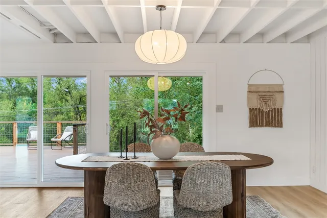 a view of a dining room with furniture window and outside view