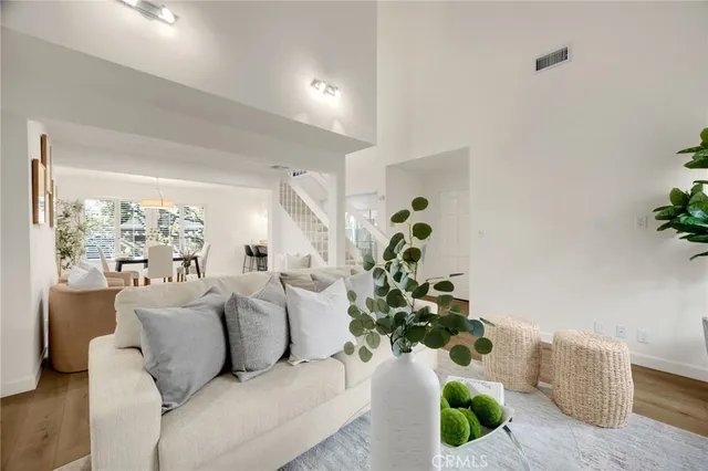 a living room with furniture and a potted plant