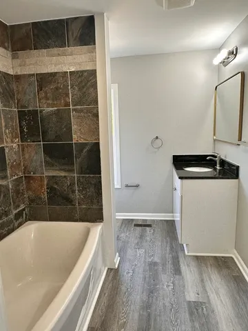 a bathroom with a bathtub and a sink