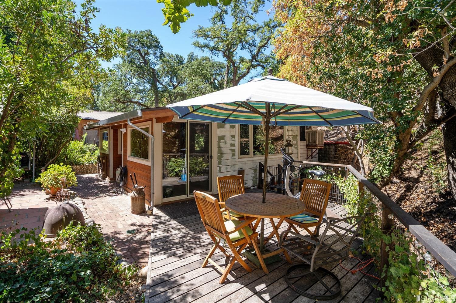 201 Castle Hill Ranch Road Walnut Creek, CA 94595 - Photo 28 of 44 a view of a patio with table and chairs under an umbrella
