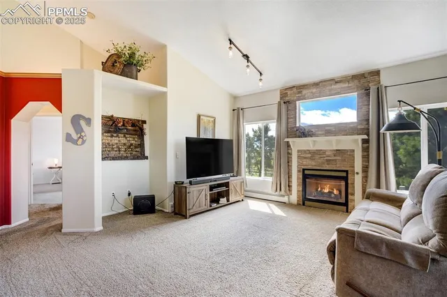 a living room with furniture a flat screen tv and a fireplace