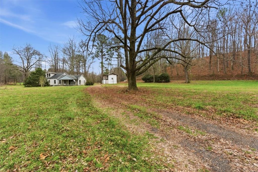 a view of a field with trees around