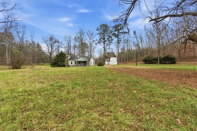 a view of a field with trees in the background