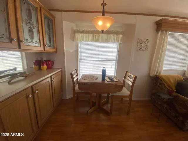 a view of a dining room with furniture