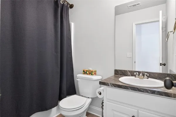a bathroom with a sink a toilet a mirror and shower curtain
