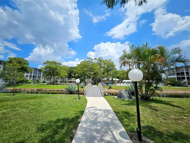 a park view with a fountain
