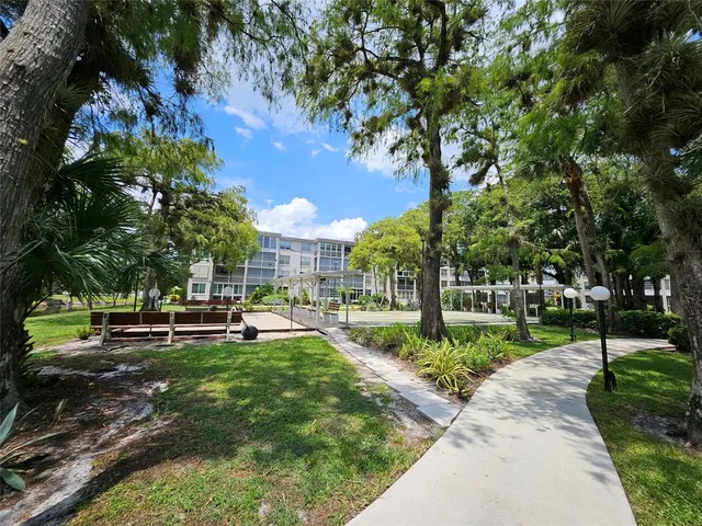 a view of a park with large trees