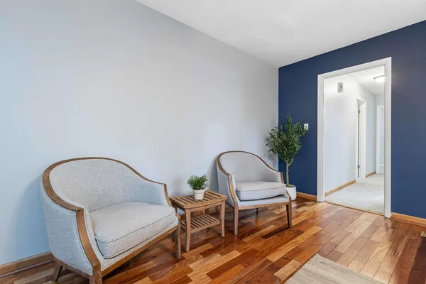 a living room with a chair and potted plant