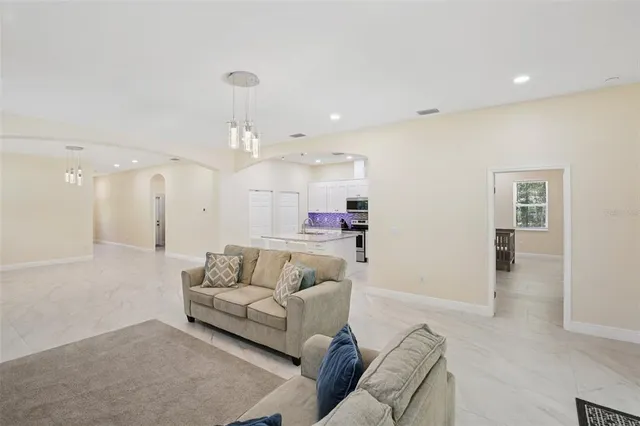 a view of a dining room with furniture