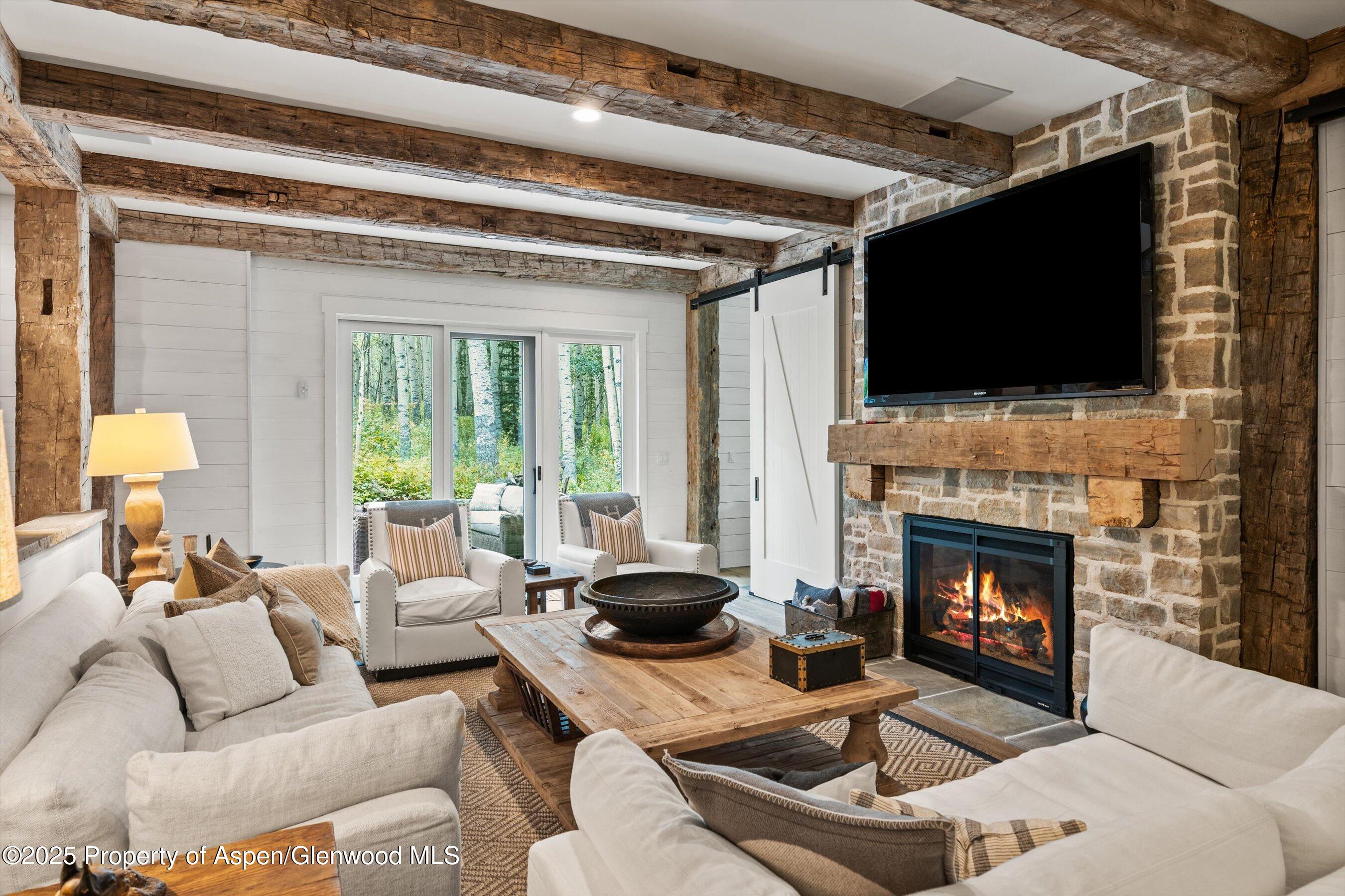 9555 Castle Creek Road Aspen, CO 81612 - Photo 21 of 42 a living room with furniture a fireplace and a flat screen tv