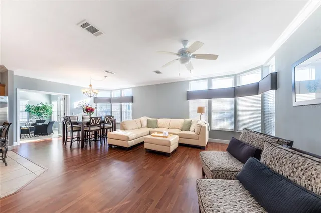 a living room with furniture and a potted plant
