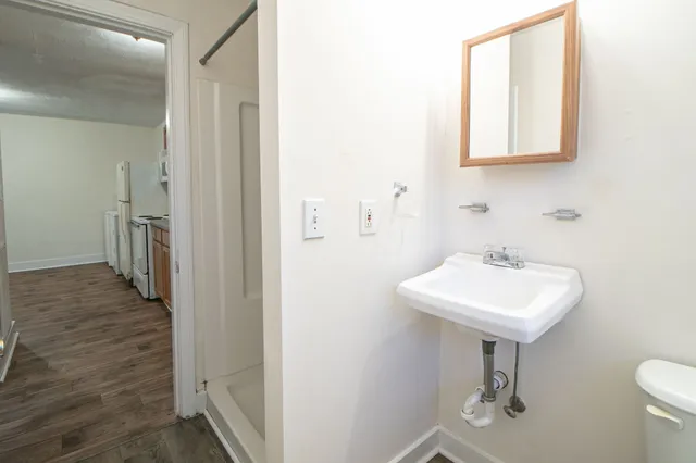 a bathroom with a sink a mirror and a toilet