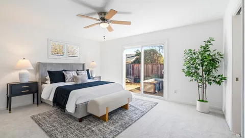 a spacious bedroom with a large bed and a potted plant
