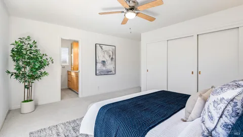 a bedroom with a bed and a potted plant