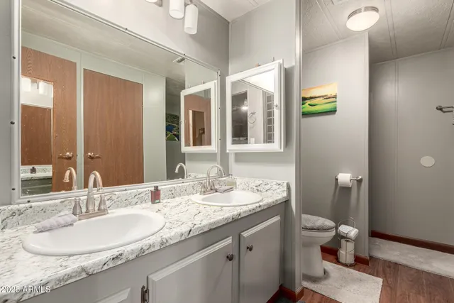 a bathroom with a granite countertop double vanity and a mirror
