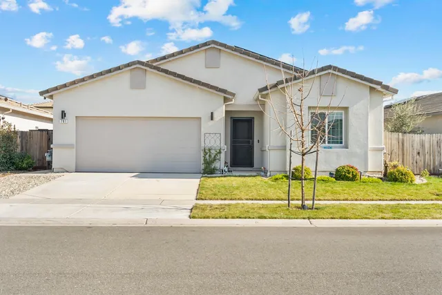 a view of a house with a small yard and a large tree