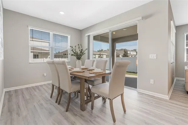 a view of a dining room with furniture window and wooden floor