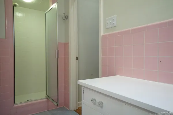 a bathroom with a shower and a sink