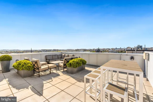 a roof deck with couches and potted plants