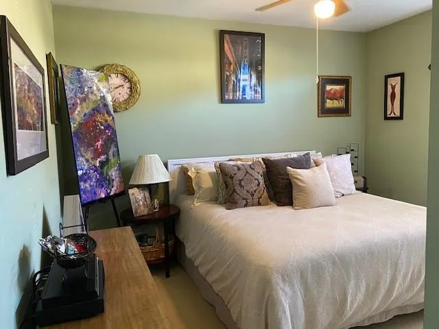 a bedroom with a bed and a dresser
