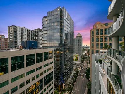 a city view with tall buildings