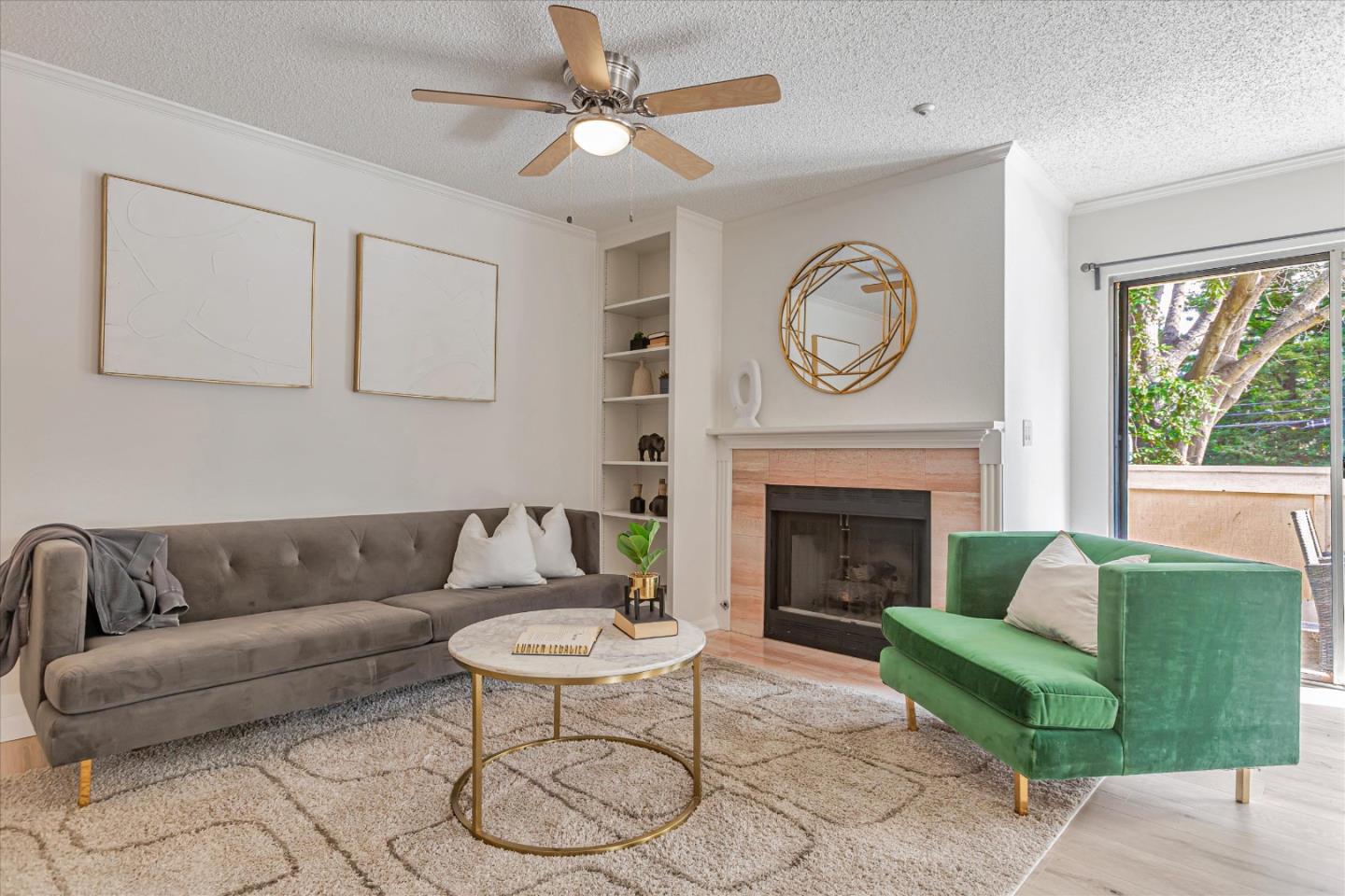 2575 Oak Road, Unit B Walnut Creek, CA 94597 - Photo 4 of 20 a living room with furniture a clock and a fireplace