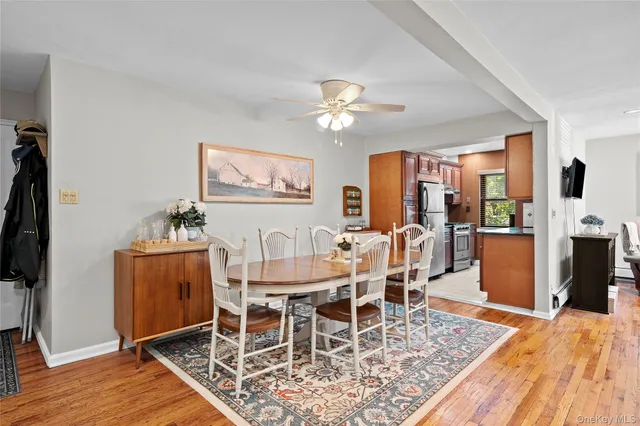 a view of a dining room with furniture