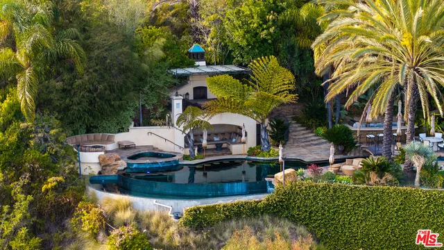 an aerial view of a backyard