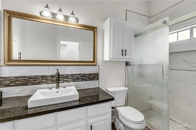 a bathroom with a sink a toilet and mirror