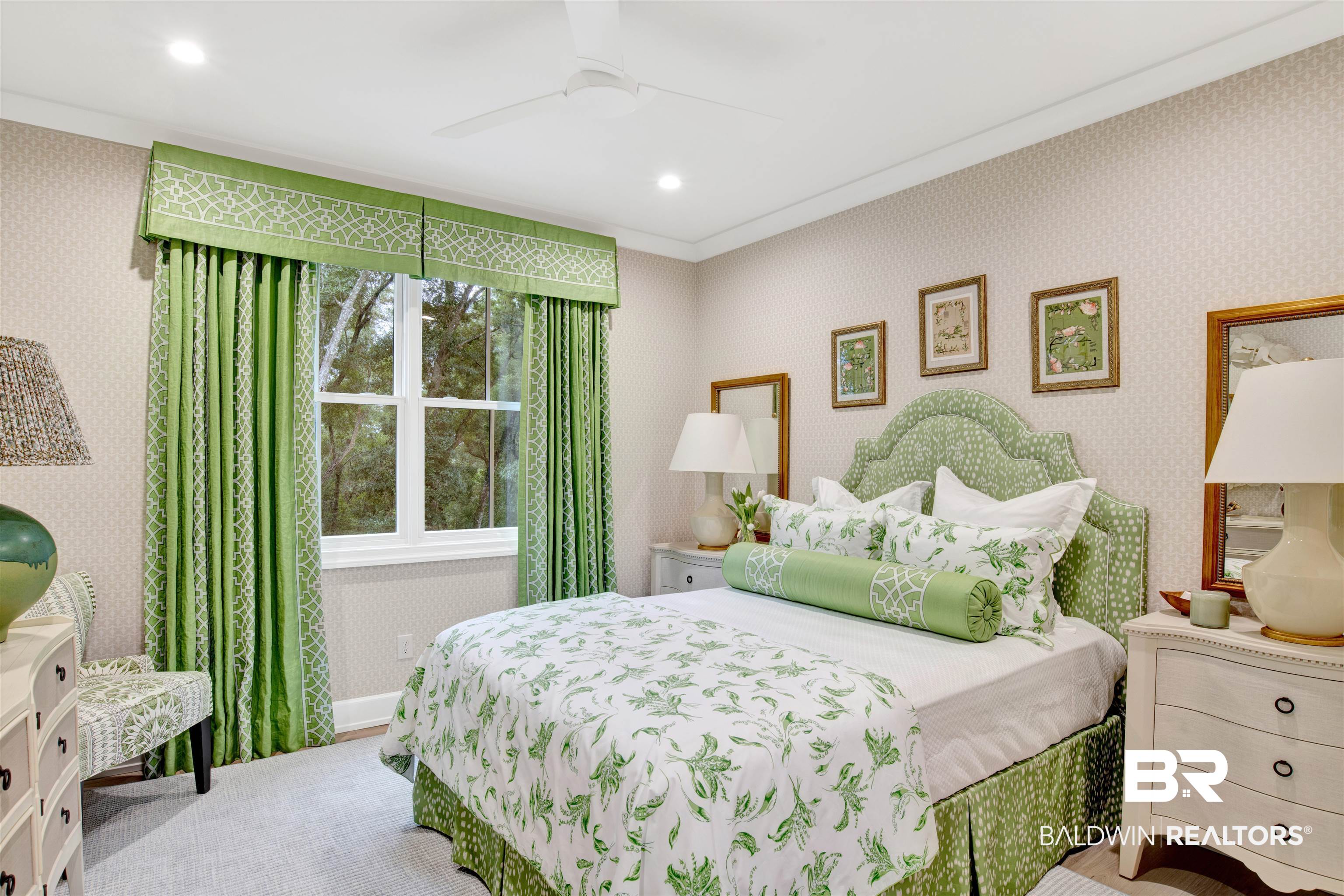 7248 Parker Road Fairhope, AL 36532 - Photo 50 of 55 Carpeted bedroom with wallpapered walls, ceiling fan, and crown molding
