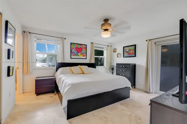 a bedroom with a bed and a refrigerator