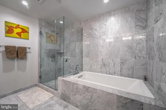 a bathroom with a bathtub and a shower