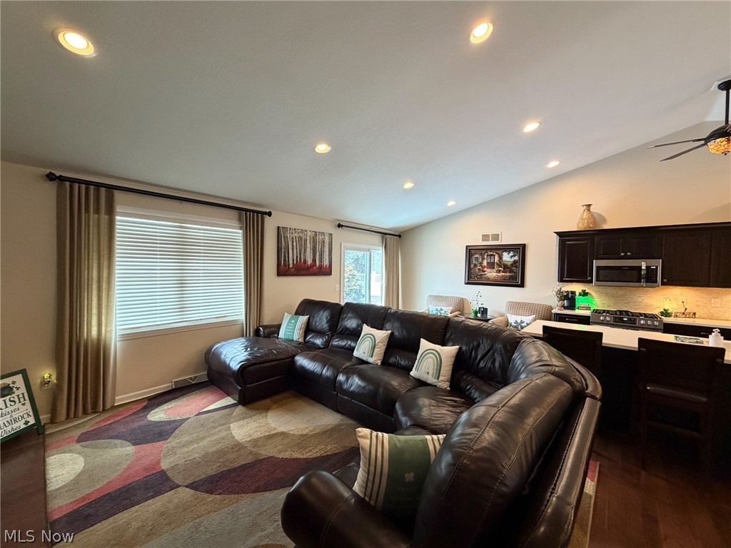 1343 Courtland Road Weirton, WV 26062 - Photo 15 of 50 Living room with a ceiling fan, recessed lighting, vaulted ceiling, and dark wood finished floors