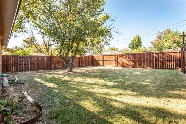 a view of backyard with tree and wooden fence