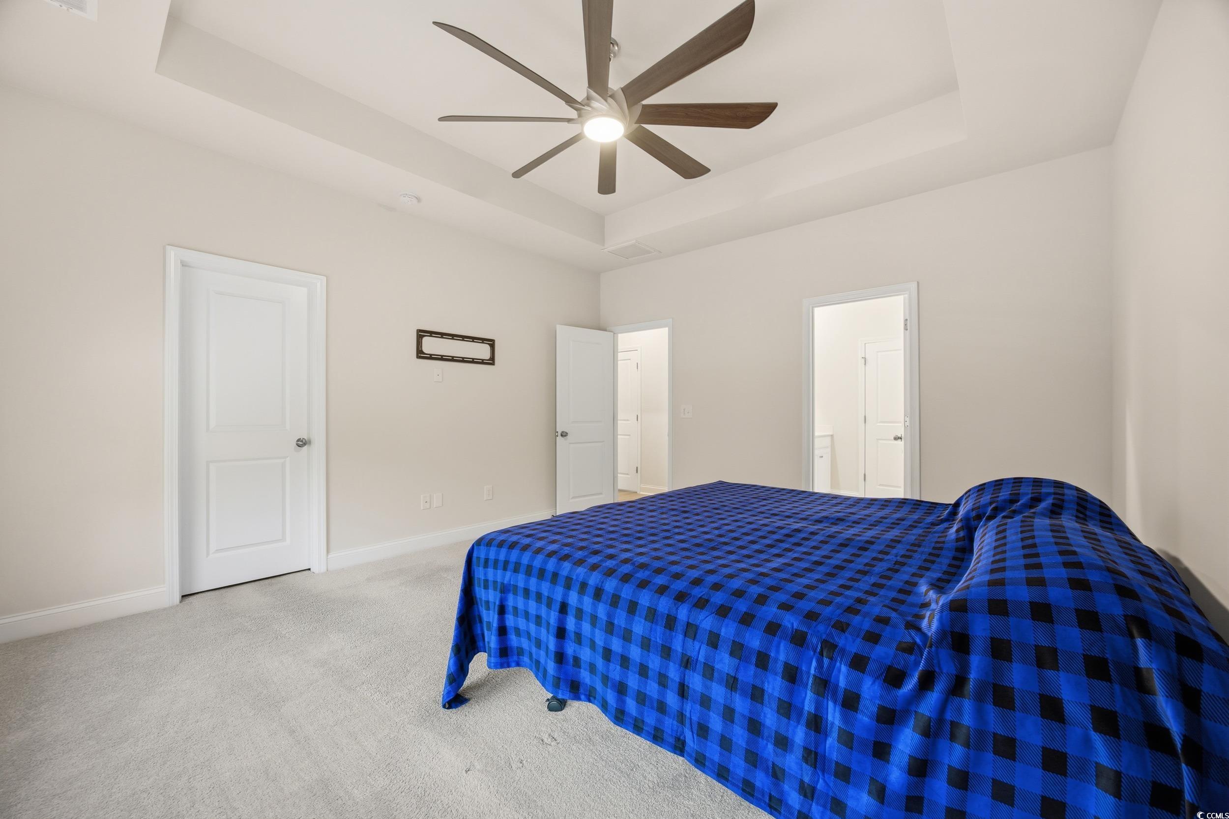 386 Harbison Circle Myrtle Beach, SC 29579 - Photo 18 of 34 Carpeted bedroom with a tray ceiling and a ceiling fan