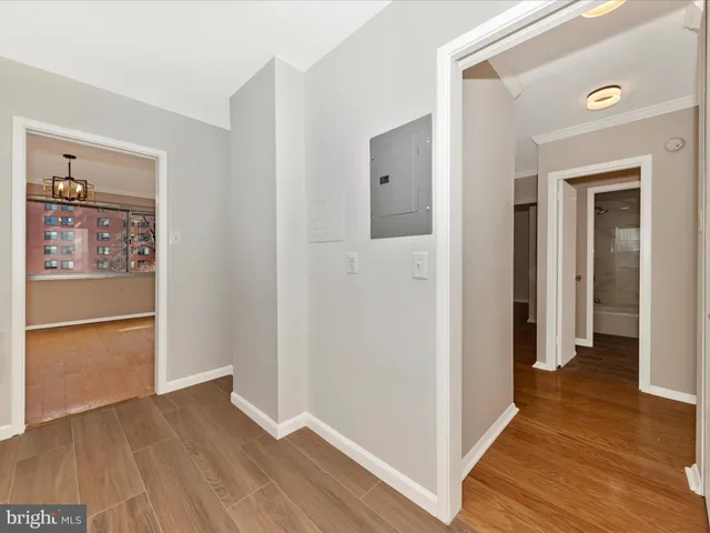 a view of a hallway with wooden floor