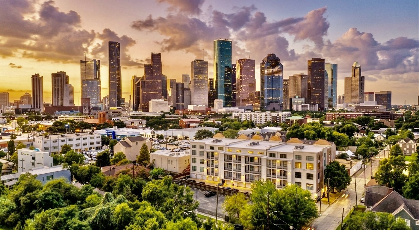 1722 Washington Avenue, Unit D Houston, TX 77007 - Photo 1 of 28 Aerial view from the back of 1722 Washington toward downtown Houston.