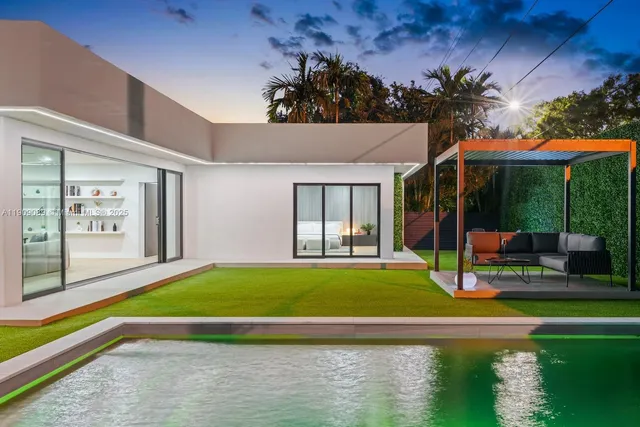 a garden view with a seating space