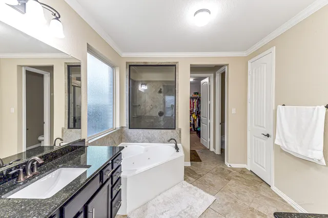 a bathroom with a granite countertop tub sink and mirror