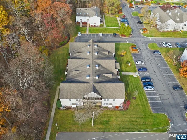 an aerial view of a swimming pool