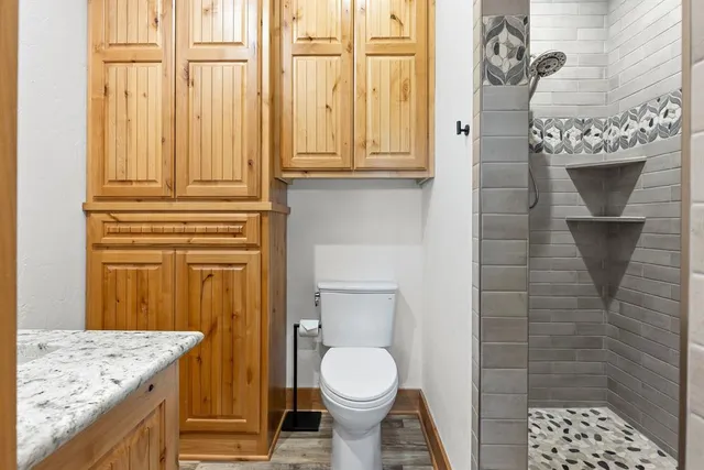 a bathroom with a granite countertop toilet and a sink