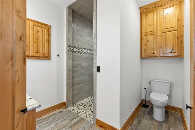 a bathroom with a toilet and a shower
