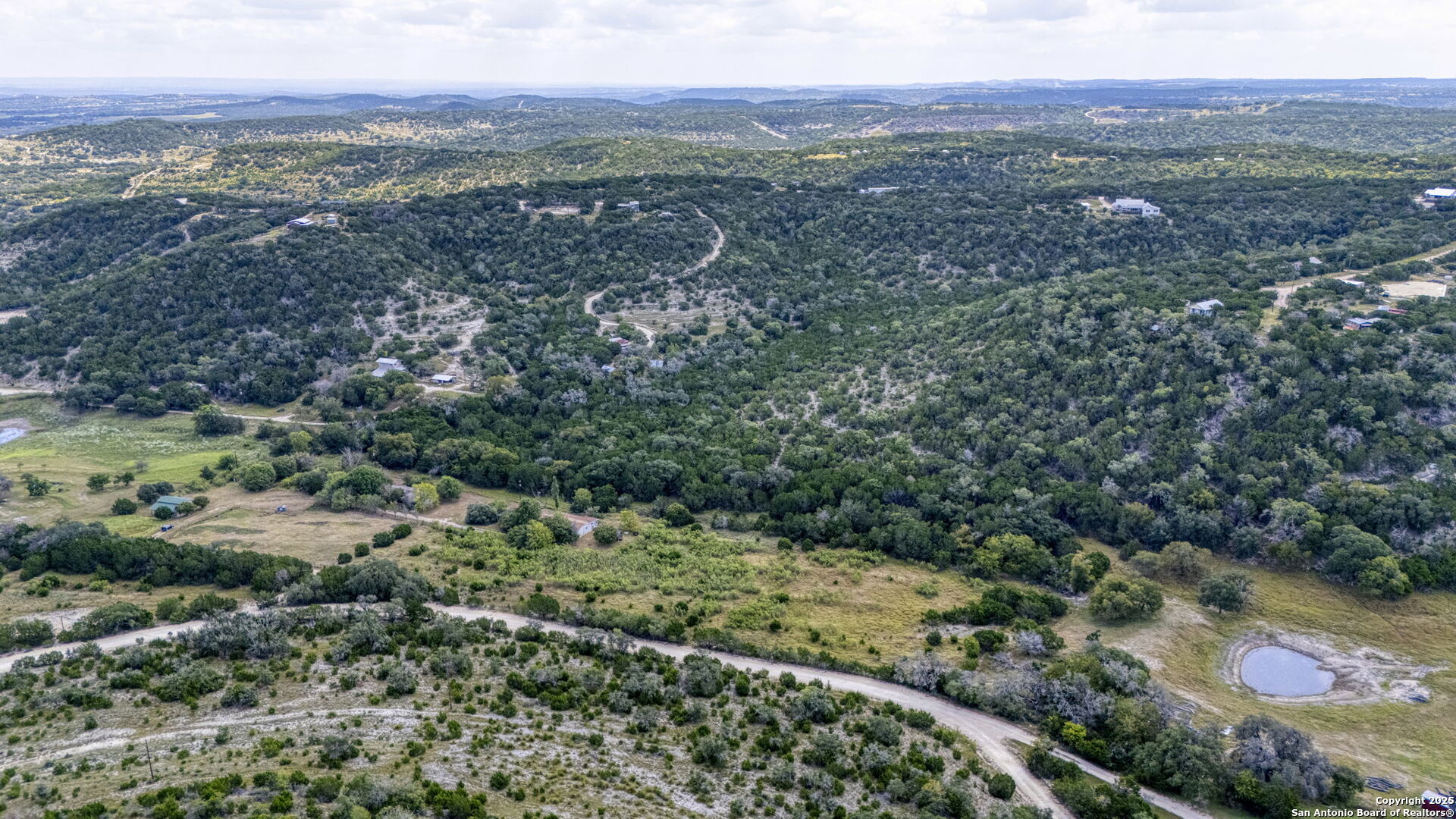 a view of a lush green forest with trees and houses