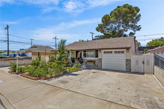 a view of a house with potted plants and a large tree