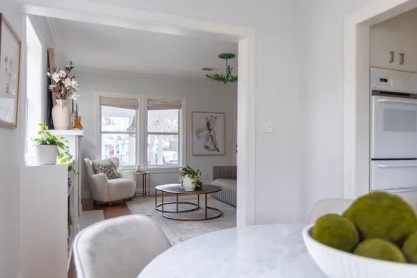 a living room with furniture and a potted plant