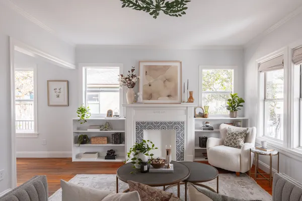 a living room with furniture a fireplace and a potted plant