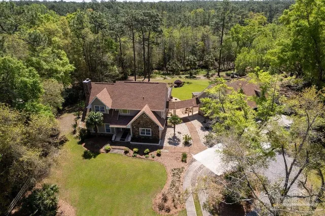 a aerial view of a house with swimming pool and large trees