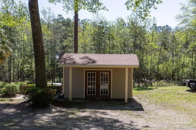 a view of a park with large trees