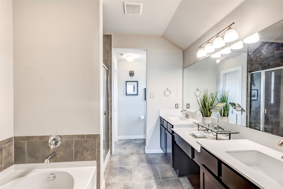 231 Windswept Way Kyle, TX 78640 - Photo 17 of 39 a spacious bathroom with a granite countertop tub sink and mirror