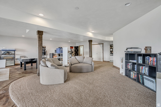 3054 West Ridgeline Road Stockton, UT 84071 - Photo 61 of 88 Living area featuring recessed lighting and carpet floors